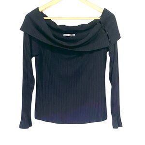 Anthropologie the punisher Black Ribbed Long-Sleeve Knit off shoulder sweater M